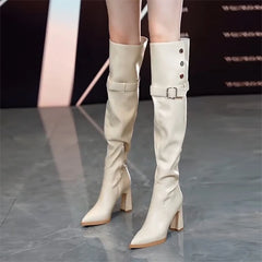 Soufree  -  Pointed Toe Women High Boots High Heels Chunky Elegant Sexy Leather Shoes Woman Trend Designer Punk Chelsea Botas Female