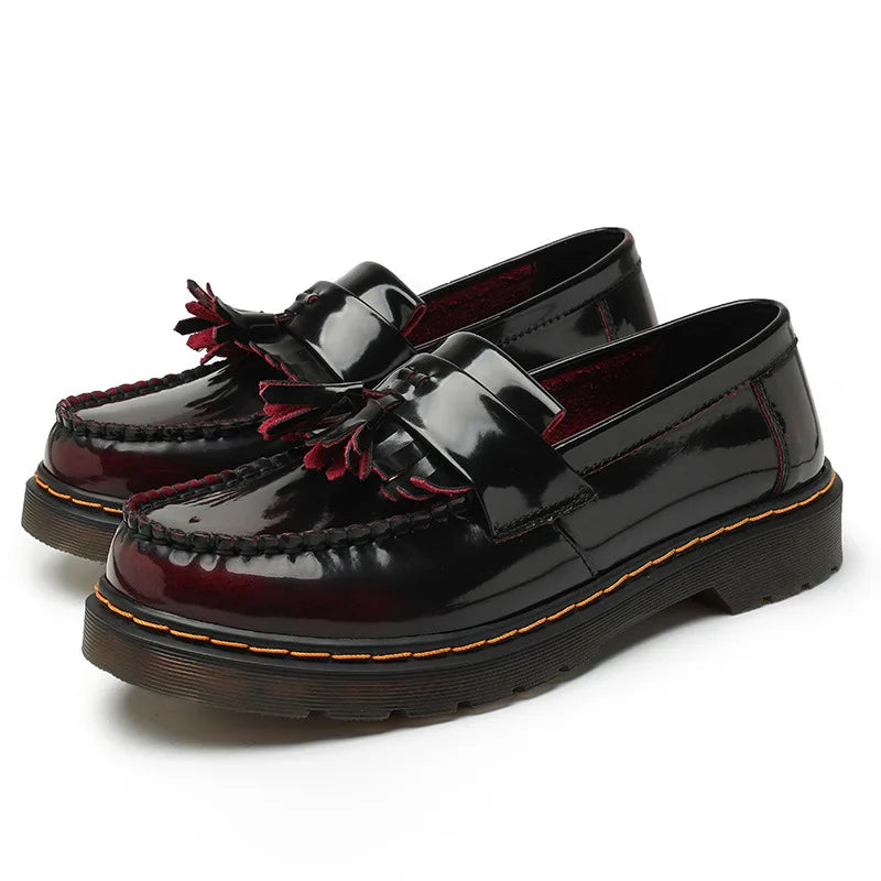 Soufree  - Tassel Loafers Shoes, Genuine Leather Low Cut Shoes, Polished Red English Style Fashionable Student Round Toe Casual Men's Shoes