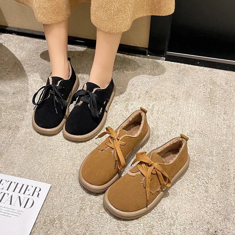 Soufree  -  Classic Flats Woman Winter Casual Lace Up Round Toe Sweet Shoes Woman Solid Platform Flats Plus Size Zapatillas Mujer Shoes