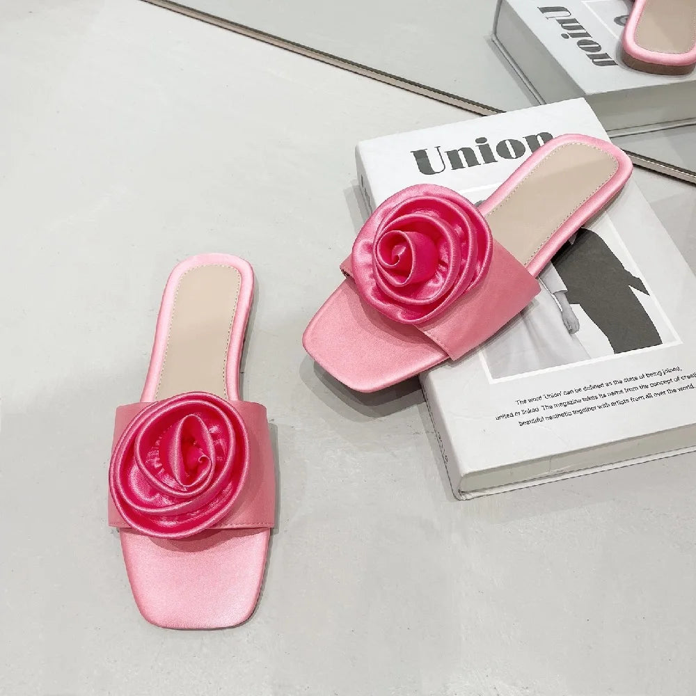 Soufree  -  Summer Shallow Casual Flower Fashion Square Headed Flat Heels for Women Slippers String Bead Bottom PU Leisure Slides