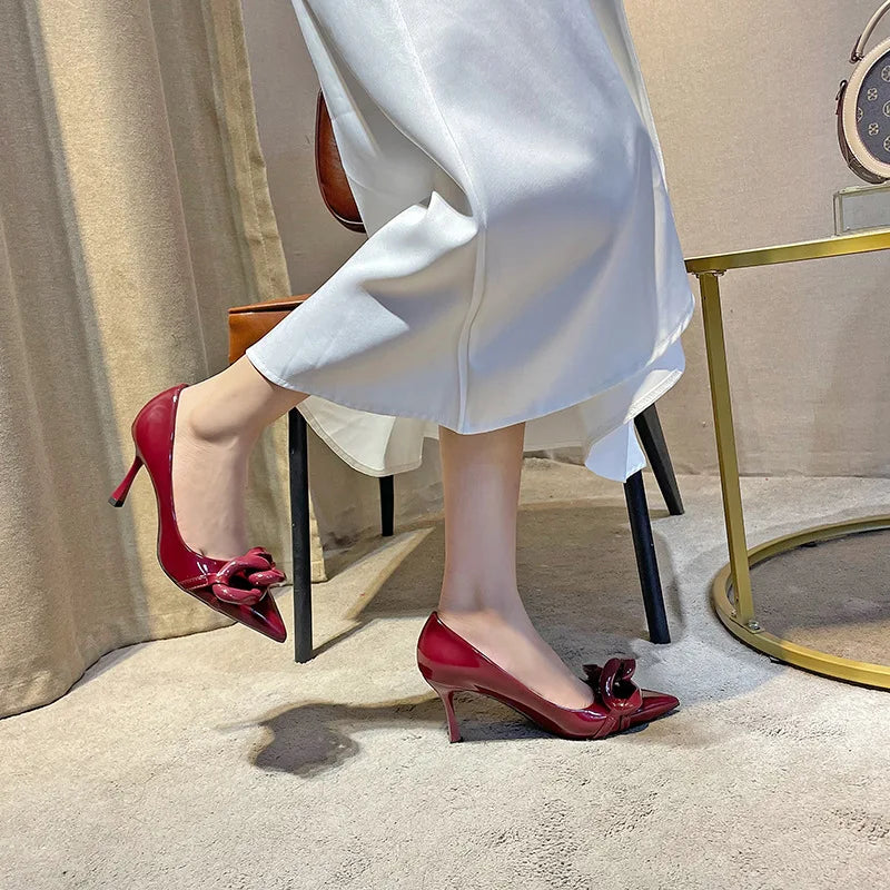 Soufree  -  Fashion Soft Patent Leather Heeled Sandals Woman Luxury Brand Knot Design Women's Pumps Pointed Toe Elegant High Heels Size 44