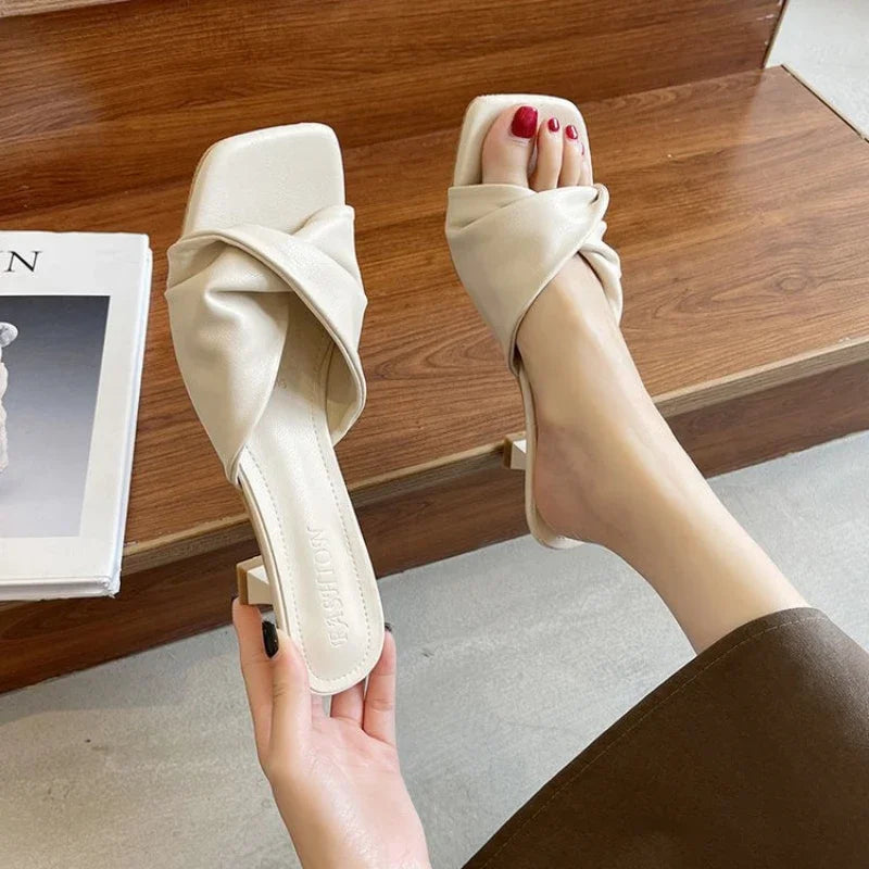 Soufree  -  summer shoes Fashion Summer Women Shoes New Handmade Square Open Toe High Heels Outdoor Fashion Slippers Apricot Off White