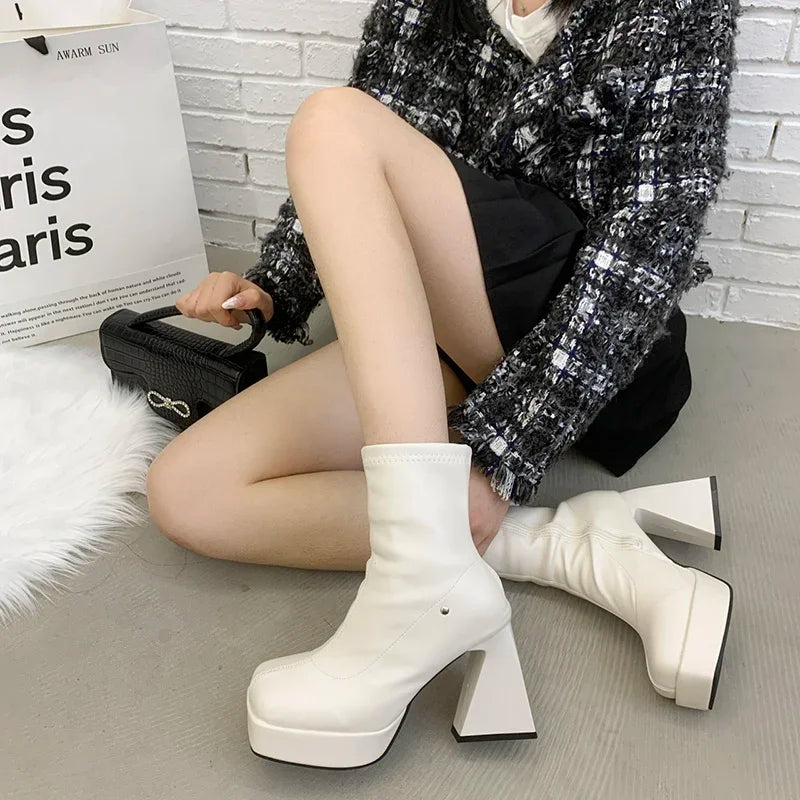 Soufree  -  Super High Heel Women Short Booties Fashion Side Zippers Ankle Booties Autumn Female Platform Thick Heel Shoes