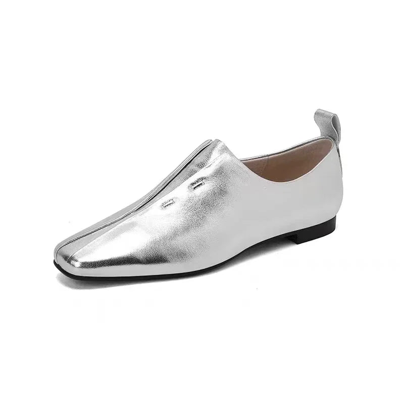 Soufree  -  Women Flat Shoes Genuine Leather Sheepskin Comfort Flats Slip On Silver Beige Simple Shoes Spring Autumn Soft Loafers Square Toe