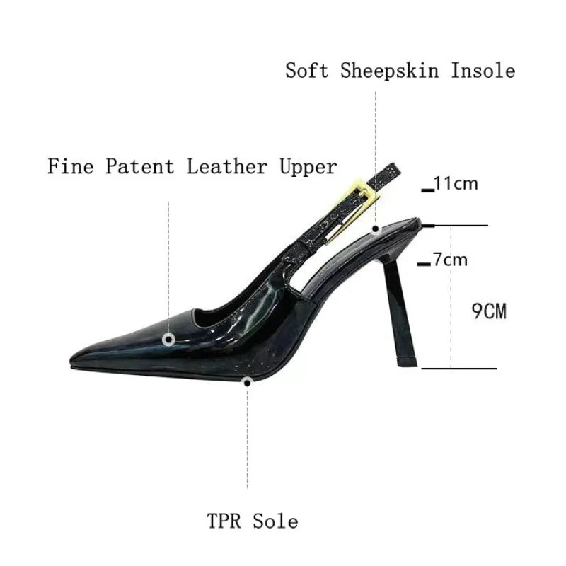 Soufree  -  Wine Red Pointy High Heels Women New Temperament Gold Heel Patent Leather Sexy Single Shoe French Pumps