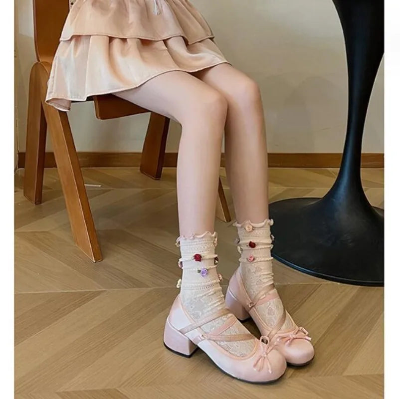 Soufree  -  Chunky Heels Lolita Pumps Shoes Hot Brand Spring Summer French Style Elegance Women Pumps Lace Up Ballet Style Single Shoes