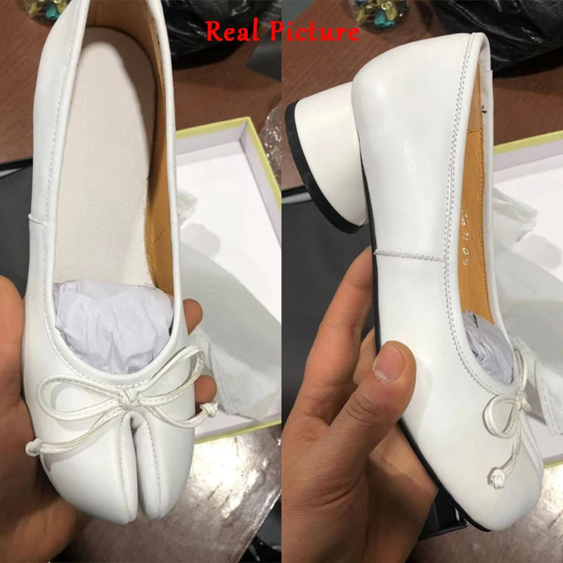 Soufree  -  Split Toe Shoes Size 43 Genuine Leather White Ballet Flats Women Low Heel Mary Janes Pumps Ballerinas Zapatos Mujer