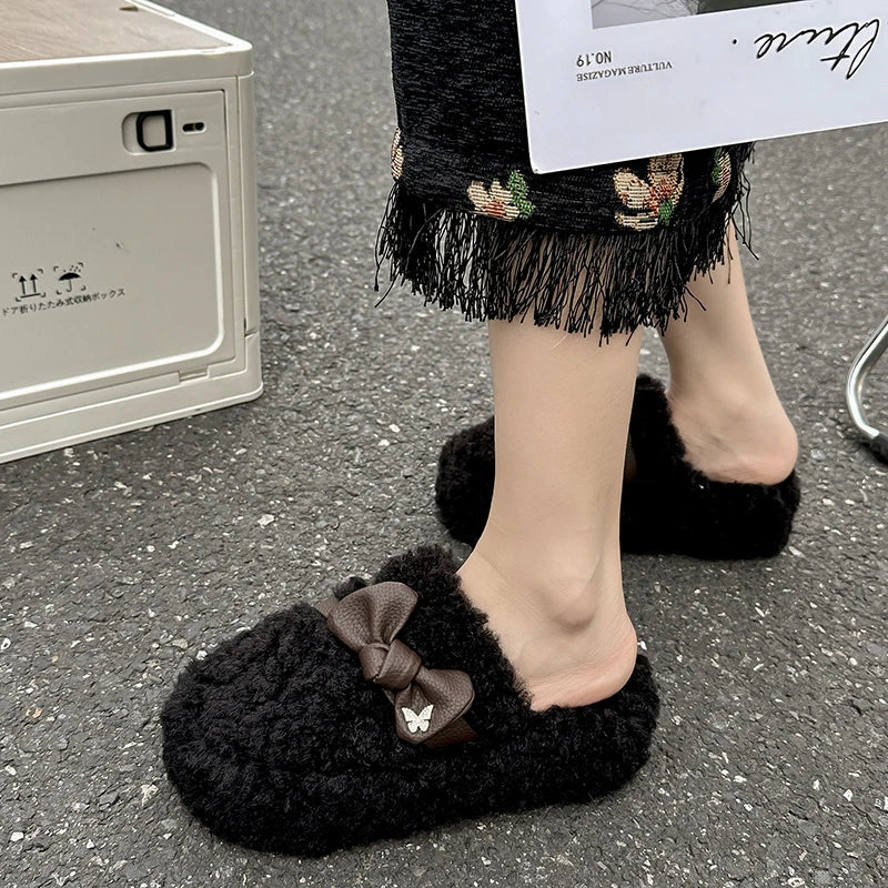 Soufree  -  Shoes Ladies' Slippers Platform Flock Fur Flip Flops Med Cover Toe Massage Flat Plush Rome Slides PU Fabric Rubber House Slipper