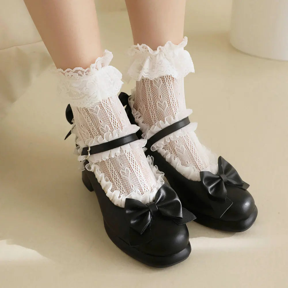 Soufree  -  Plus-Size Women Lolita Shoes with Bowknot Lace Trim Maid Cosplay for Crossdressers Men JK Girls PU Leather Pumps Chunky Heels