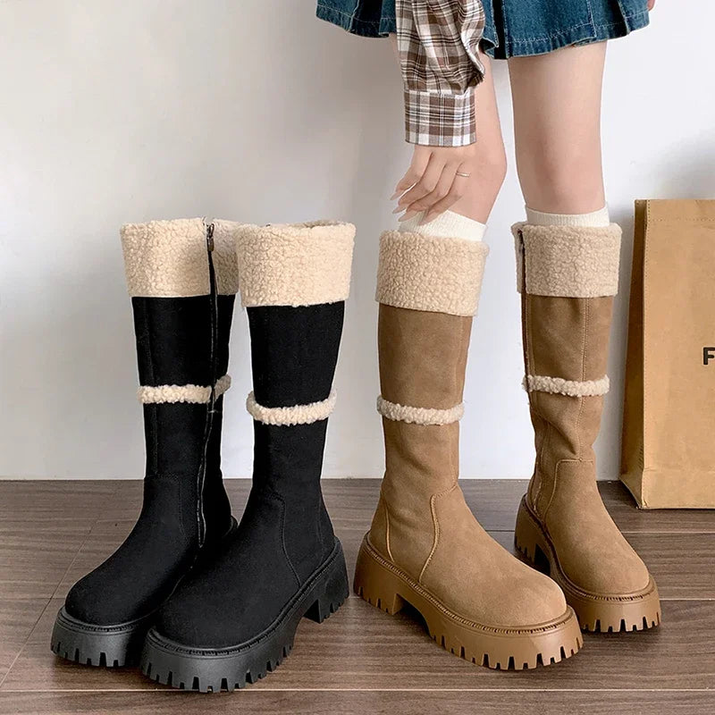 Soufree  -  Vintage Women Western Knee-High Boots Side Zippers Long Booties Comfort Short Plush Shoes Botas Mujer