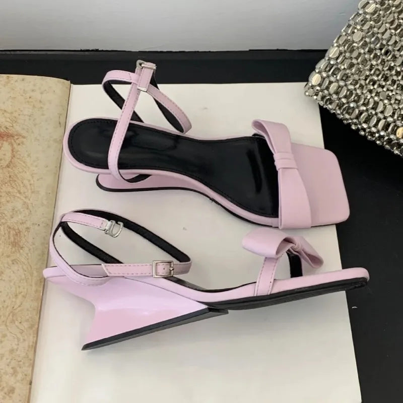 Soufree  -  Pink Bow Line Band Wedge Women Sandals Explosive Summer New Open Toe Lace-up Heel Shoes