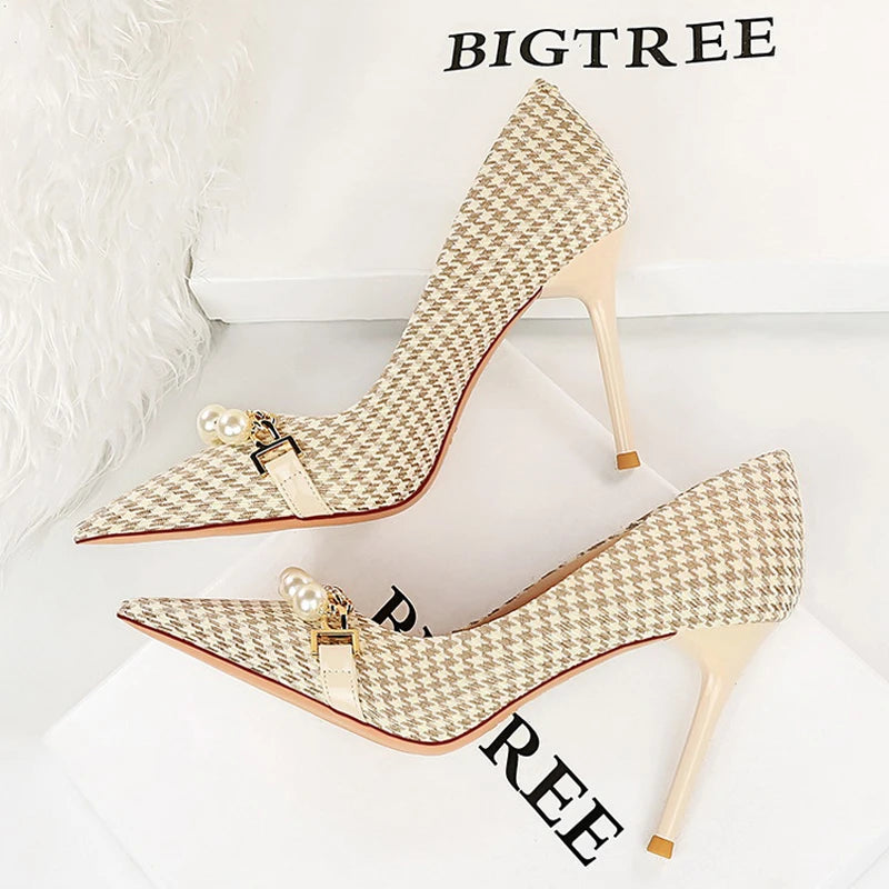 Soufree  -  Shoes Checked Grain Women Pumps Quality High Heels Pearl Chain Design Women Heels Stilettos Luxury Banquet Shoes