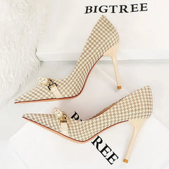 Soufree  -  Shoes Checked Grain Women Pumps Quality High Heels Pearl Chain Design Women Heels Stilettos Luxury Banquet Shoes