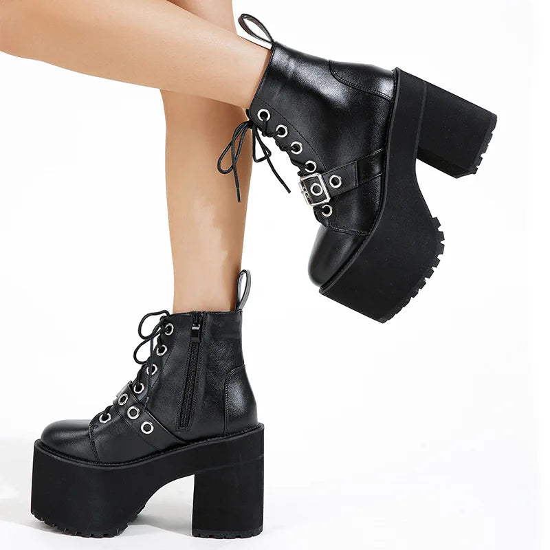 Soufree  -  Chunky Heel High Heel Waterproof Platform Boots Women  Winter Ankle Boots Leather PU Side Zip Belt Buckle Design Boots for Women