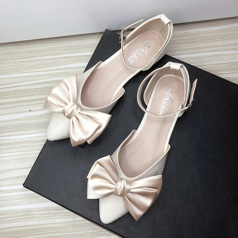 Soufree  -  Women Sandals with Bow Flat Heel Solid Color Side Empty Girl's Shoes Summer Autumn Sweet Back Strap Size 33-44 Pointed Toe