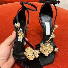 Soufree  -  Golden Flowers High Heels Women Silk Luxury Designer Sandal Metallic Flower Square Toe Pointed Fine Heel Party Dress Shoes Pumps