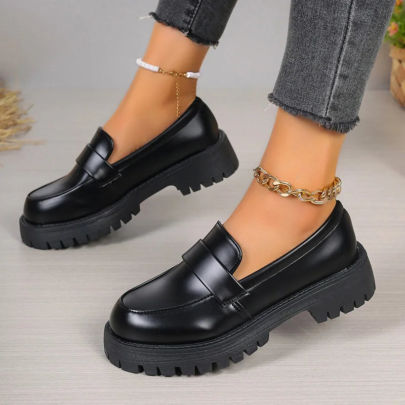 Soufree  -  British Style Platform Loafers Women Plus Size Round Toe Single Shoes Woman Thick Bottom Pu Leather Shoes Mujer