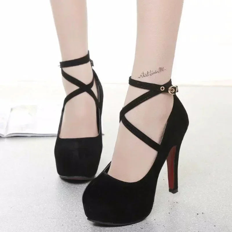 Soufree  -  12CM High Heels Women New Round Toe Platform Women's Pumps Buckle Strap Sexy Stiletto High Women Shoes Zapatos De Mujer