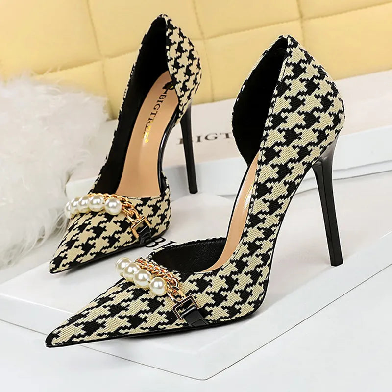 Soufree  -  Shoes Checked Grain Women Pumps Quality High Heels Pearl Chain Design Women Heels Stilettos Luxury Banquet Shoes