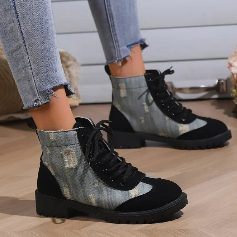 Soufree  -  Women'S Boots Fashion Retro Denim Patchwork Lace Up Flat Bottomed Short Boots Vintage Zapatos Mujer Flat Shoes Ankle Boots