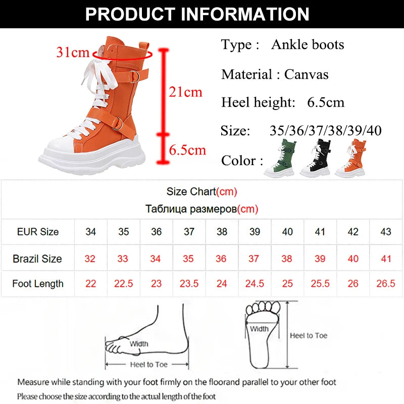 Soufree  -  Canvas Chunky Platform Women's Boots Autumn Lace-Up Zipper Motorcycle Boots Woman Thick Bottom Non-Slip Ankle Booties