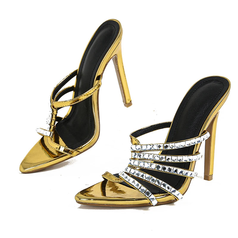 Soufree  -  New Gold Rhinestone Pointed Sexy Mules Sandals High Heel summer Sandals Slippers Sizes 35-42 Dress Banquet Shoes