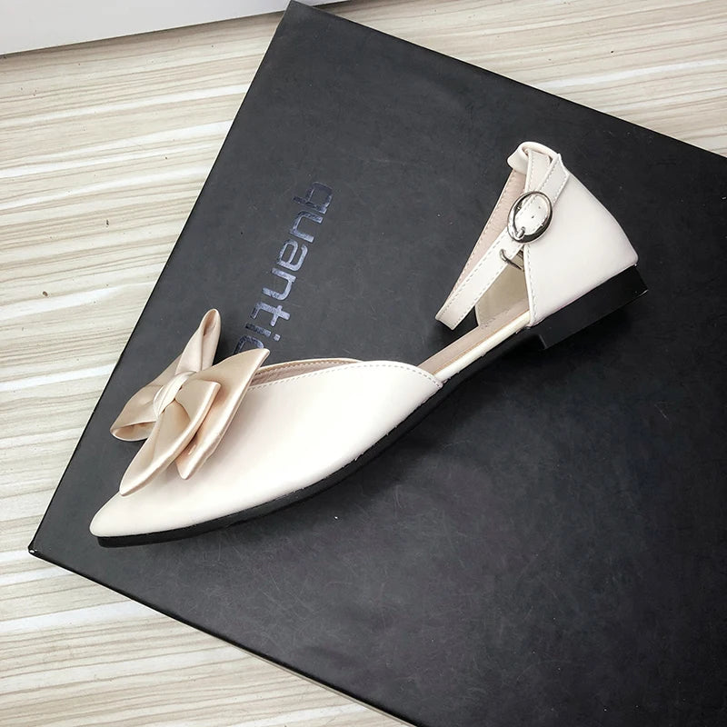 Soufree  -  Women Sandals with Bow Flat Heel Solid Color Side Empty Girl's Shoes Summer Autumn Sweet Back Strap Size 33-44 Pointed Toe