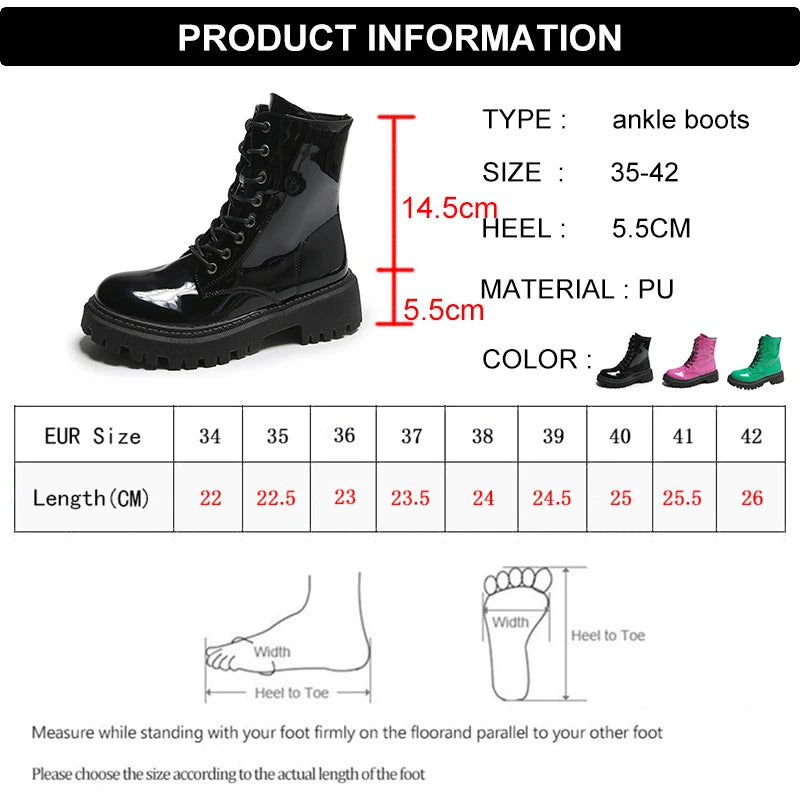 Soufree  - Lace Up Pink Ankle Boots Woman Patent Leather Platform Motorcycle Boots Woman Thick Heels Zipper Short Booties