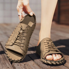 Soufree  -  New New Casual Top Leather Slippers Handmade with Personalized Lace Up and Super Fiber Leather Sandals Plus Size 39-46