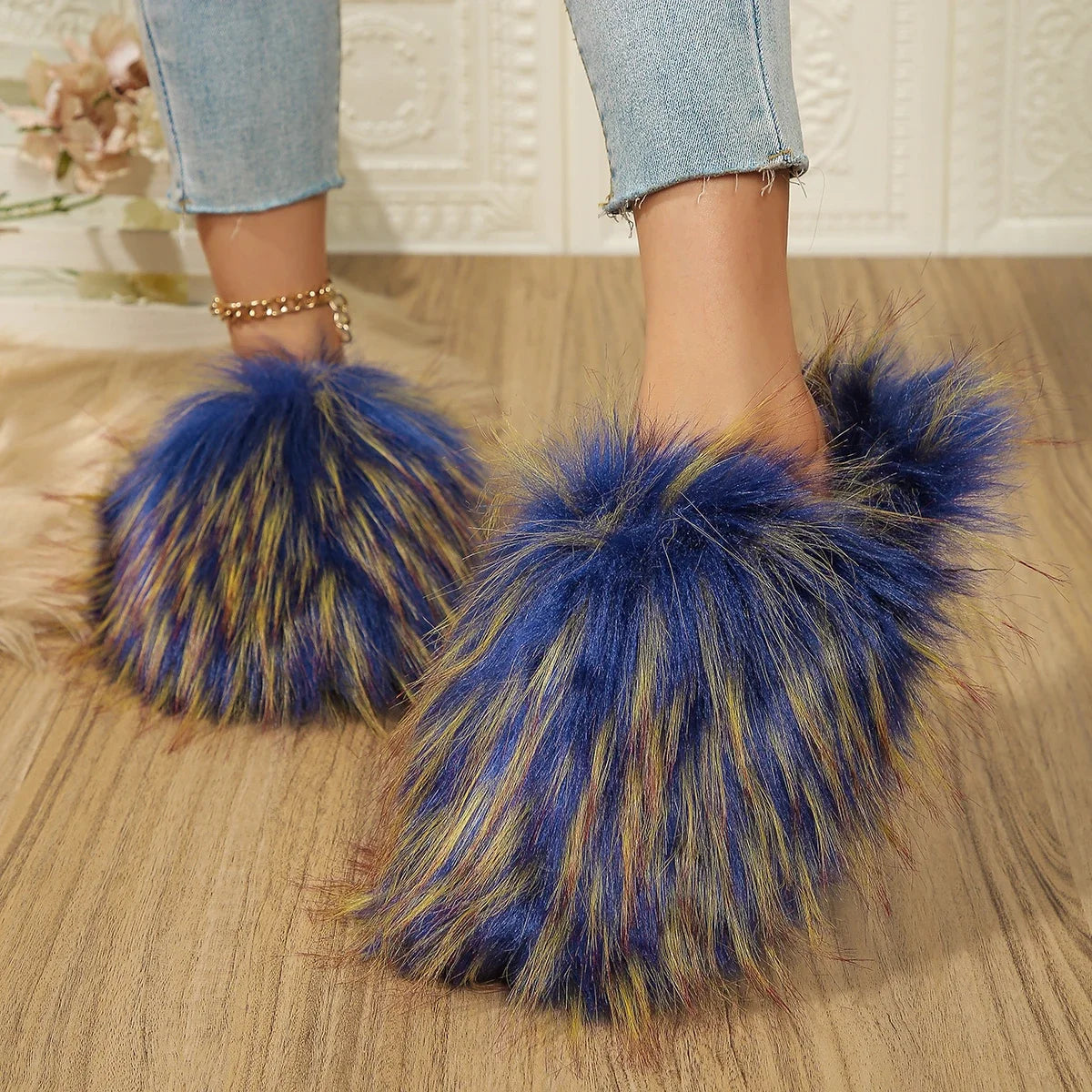 Soufree  -  Women's Winter Fuzzy Slippers Plus Size Woman Luxury Furry Faux Fur Slippers Plush Warm Home Cotton Shoes Indoor Fur Slides