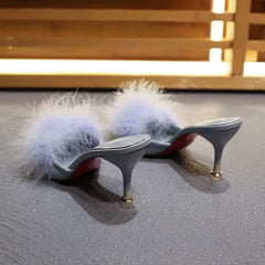 Soufree  -  Fur Slippers Woman High Thin Heels Woman Shoes Sexy Pointed Top Outdoor Slides Fashion Summer House Slippers Flip Flops Sandals