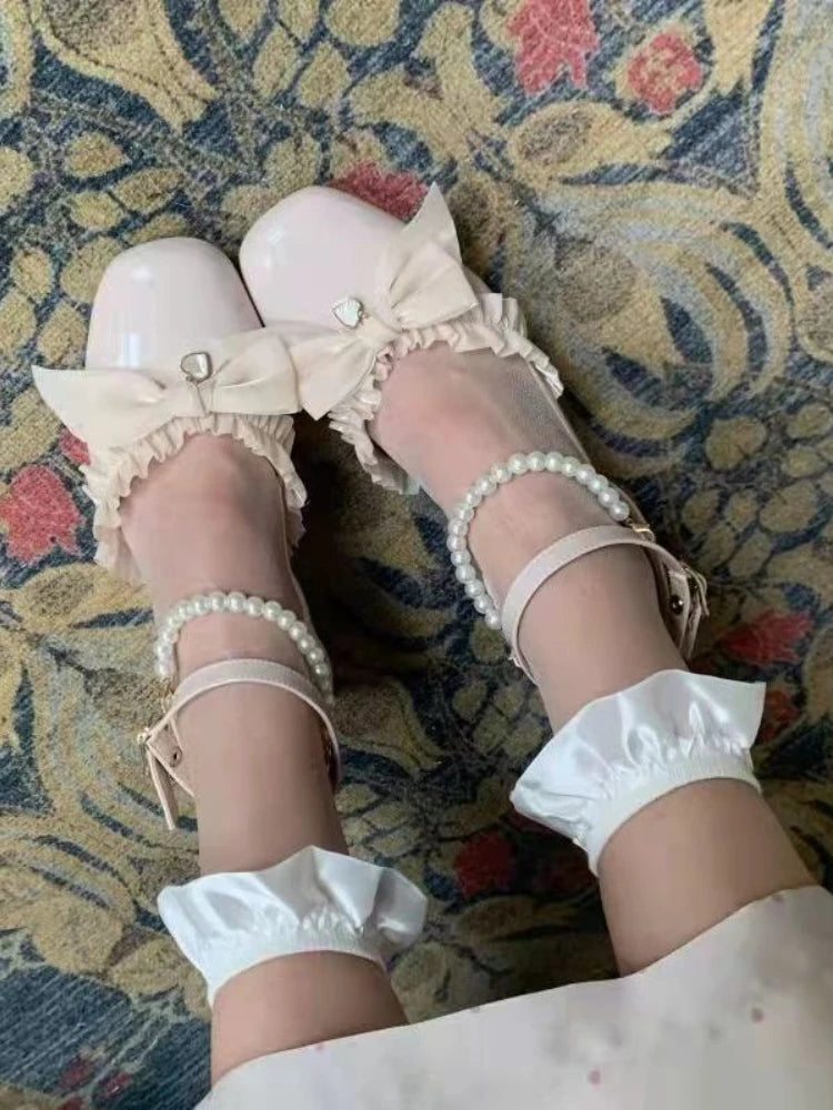 Soufree  -  Bow Lolita Kawaii Mary Janes Shoes Women Elegant Sting Bead Vintage Pumps Shoes Ladies Japanese Style Sweet Shoes Summer