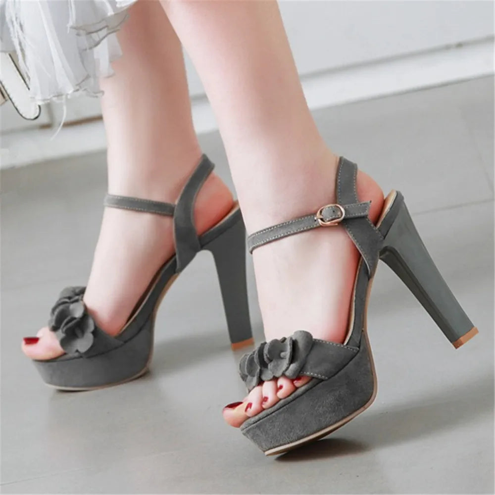 Soufree  -   New Spring Summer Women Ankle Strap Buckle Platform Sandals Ladies Shoes High Heels Flock Fashion Sandalias Plus Size 32-43