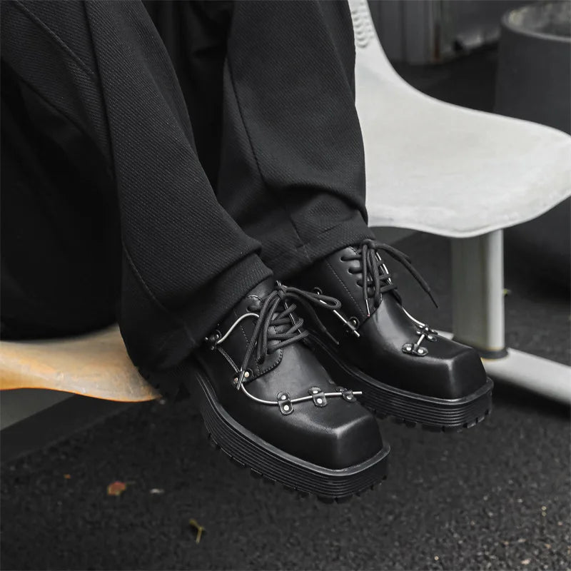 Soufree  -  Platform Men Square Toe Japan Korean Streetwear Couple Fashion Casual Leather Shoes Men Business Commute Wedding Dress Shoes