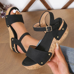 Soufree  -  Vintage Rivet Wedge Platform Sandals Women Summer Rome Ankle Buckle Chunky Sandals Woman Wood Grain Sole Sandalias De Mujer 41