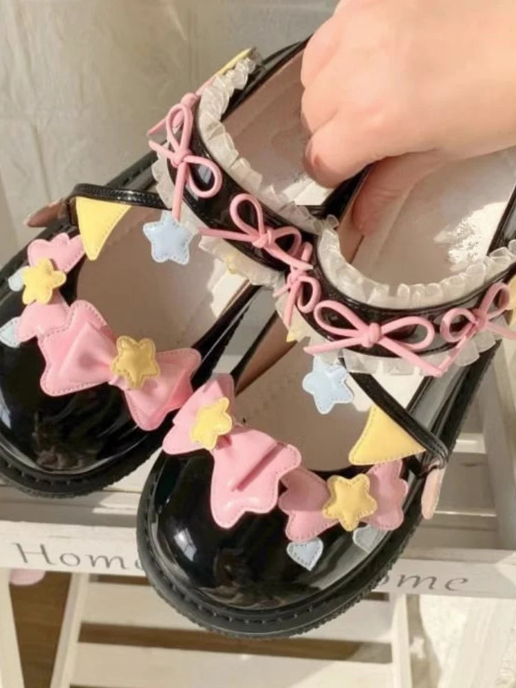 Soufree  -  Summer Japanese Kawaii Sandals Women Lolita Style Bow Design Sweet Shoes Lady Lace Round Toe Buckle Star Casual Flat Shoes