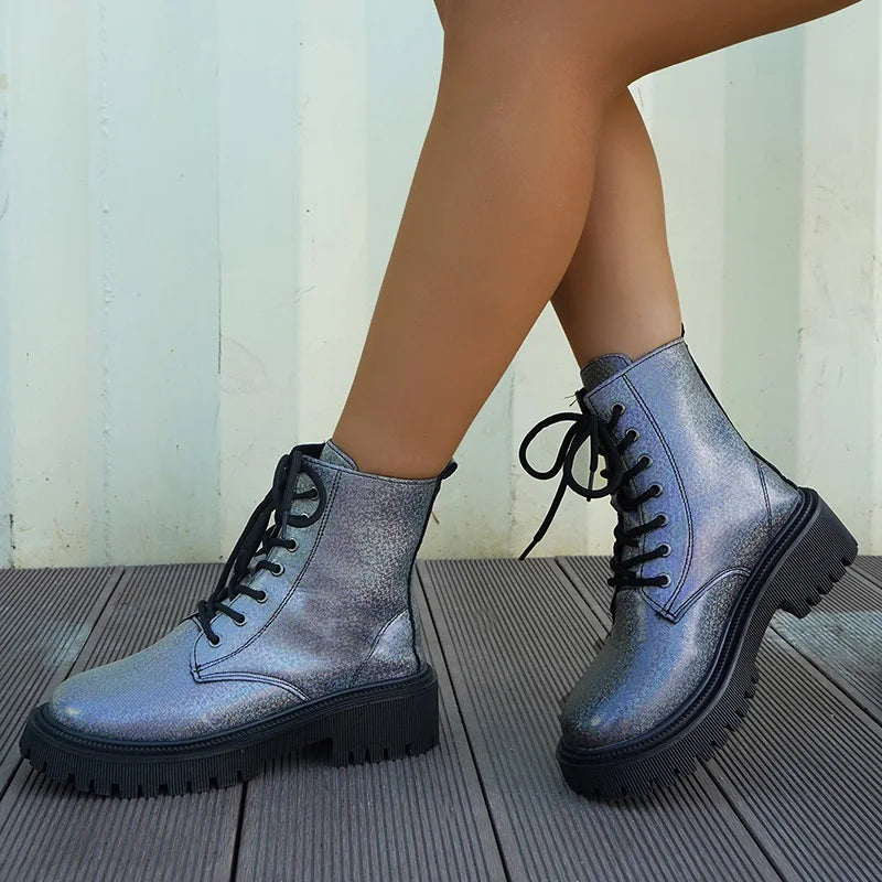 Soufree  -  Patent Leather Ankle Boots Women Punk Gothic Colour Motorcycle Botas Woman Fashion Thick Bottom Lace Up Shoes