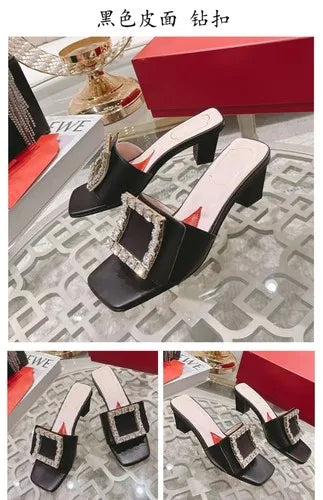 Soufree  -  Square buckle rhinestone fashionable women's shoes new square toe low thick heel open toe elegant sandals for external wear