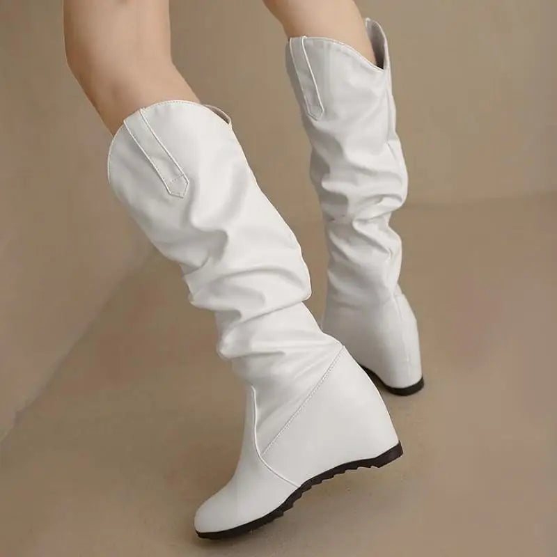 Soufree  -  Winter Wedge 8cm High Heel Large Size Long Boots Women Inner Height Increasing Heel Black White Knee Boots