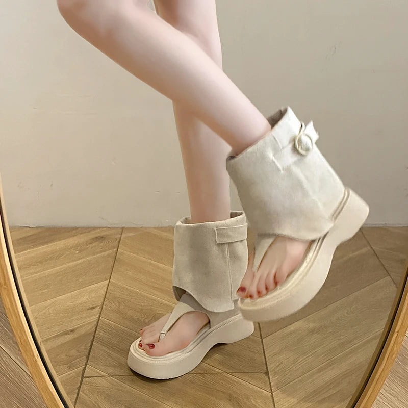 Soufree  -  Designer Style Clip Toe Chunky Boots Sandals Fashion Women Slip On Flip Flop Short Booties Party Dress Female Shoes