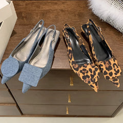 Soufree  -  Fashion Denim Low Heel Mules Shoes Women Square Button Designer Shoes Hollow Fashion Brand Leopard Pointed Pumps Sandals Women