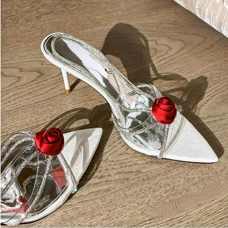 Soufree  -  Sexy Rose Flower Rhinestone Slingback Women Sandals Narrow Band Pointed Toe Back Strap High Heels Luxury Wedding Dress Shoes