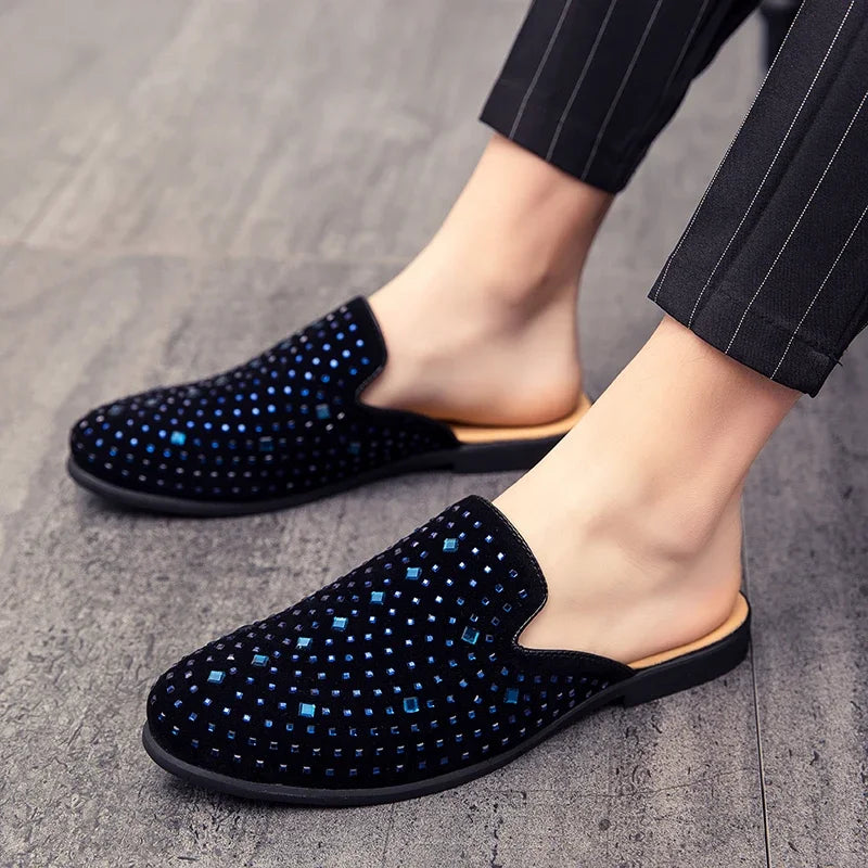 Soufree  - fall shoes Men Half Slipper Shoes For Men Rhinestone Luxury Loafers Fashion Zapatillas Hombre Casual Shoes Sapato Social Masculino Mules