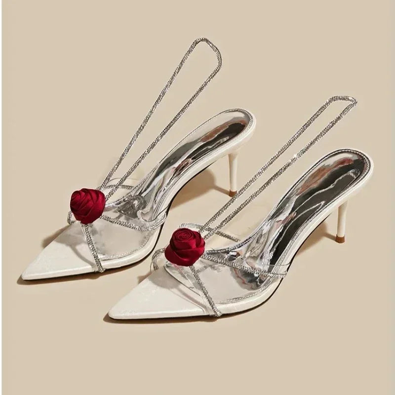 Soufree  -  Sexy Rose Flower Rhinestone Slingback Women Sandals Narrow Band Pointed Toe Back Strap High Heels Luxury Wedding Dress Shoes