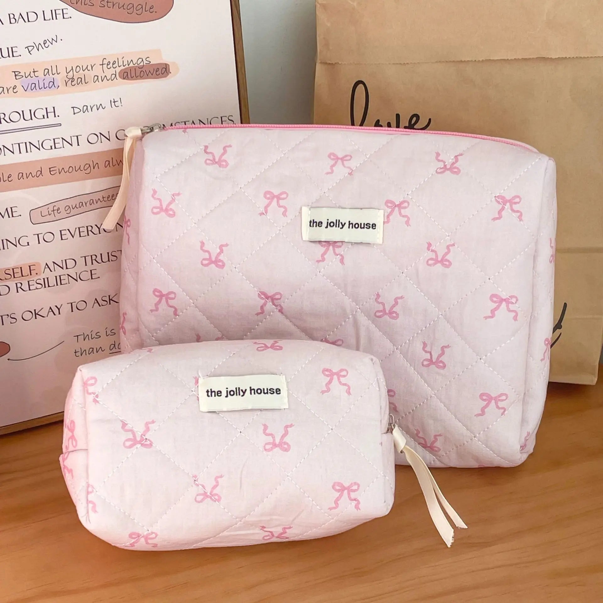 Soufree  -  Pink Bowknot Quilting Women Cosmetic Bag Portable Zipper Makeup Travel Organizer Female Handbag Toiletry Pouch For Girls