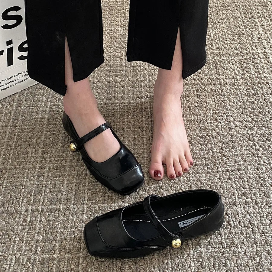 Soufree  -  Square toe simple black vintage flat Mary Jane shoes women's new spring pumps women shoes