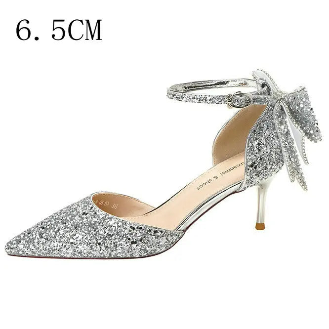 Soufree  - 8.5cm Wedding High Heels Bling Sequined Stiletto Heel Work Pumps Back Bowknot Pointed Toe Party Women's Shoes