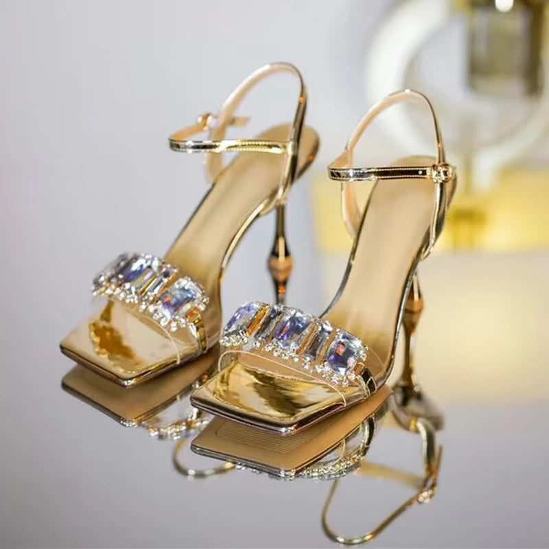 Soufree  -  Gold Silver High Heels Sandals Women Summer Square Toe Shiny Crystal Sandals Woman Ankle Straps Thin Heel Party Pumps Shoes