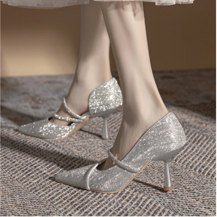 Soufree  -  Shiny Pointed Toe High Heels Women Luxury Designer Sandals Pumps Woman Rhinestone Stiletto Heel Party Dresses Wedding Shoes