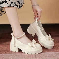 Soufree  -  Summer Band Heel Shoes Female Fashion Mary Jane Shoes Round Head Bow Pearl Square Heel Low-top Pumps Women Shoes Tacones Mujer